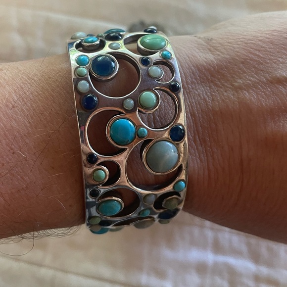 Vintage Sterling Silver Chunky Cuff Moon Cut Outs Various Stones - Picture 3 of 9